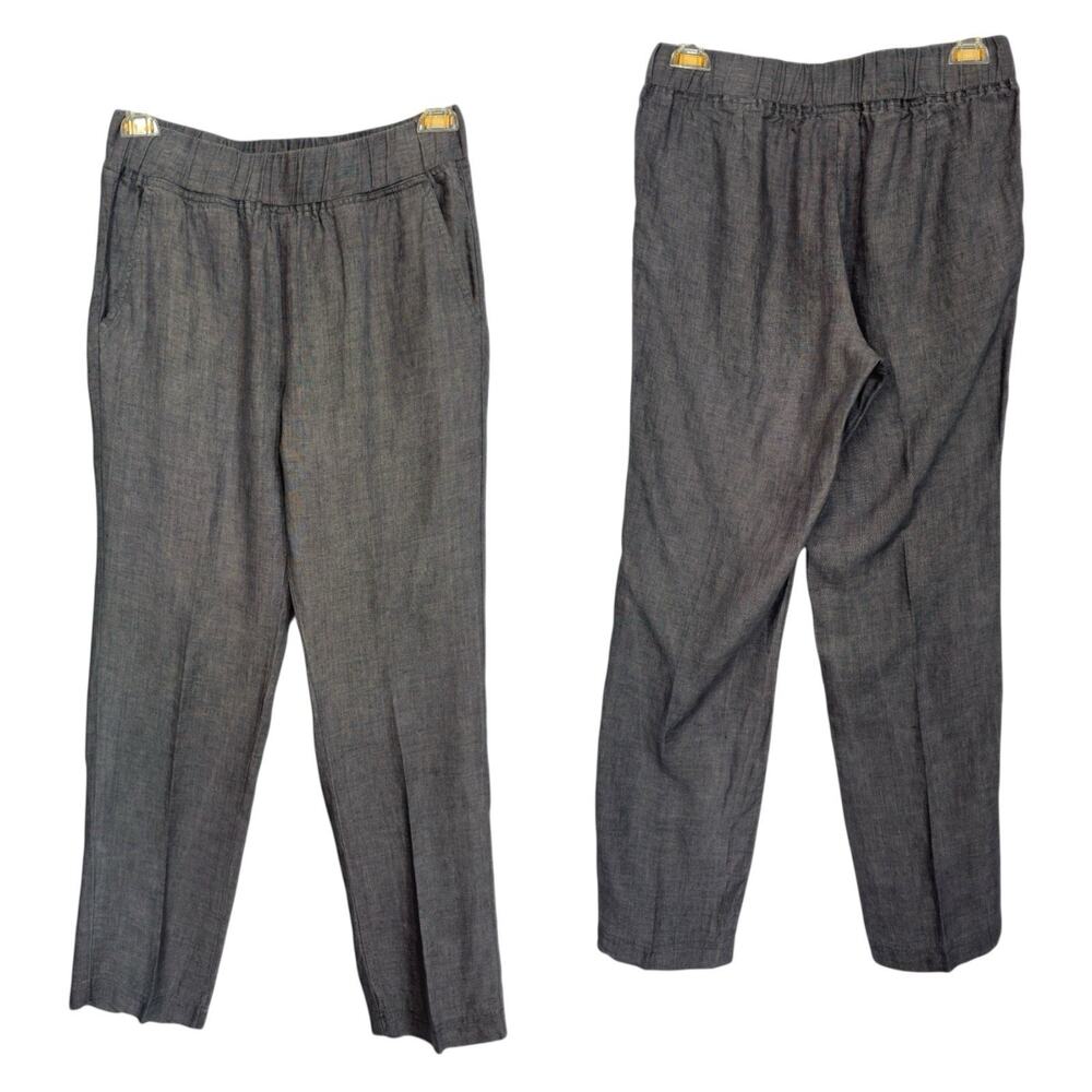 DKNY Linen Pull-On Pants S Gray Straight Leg Crop Minimalist Quiet Luxury